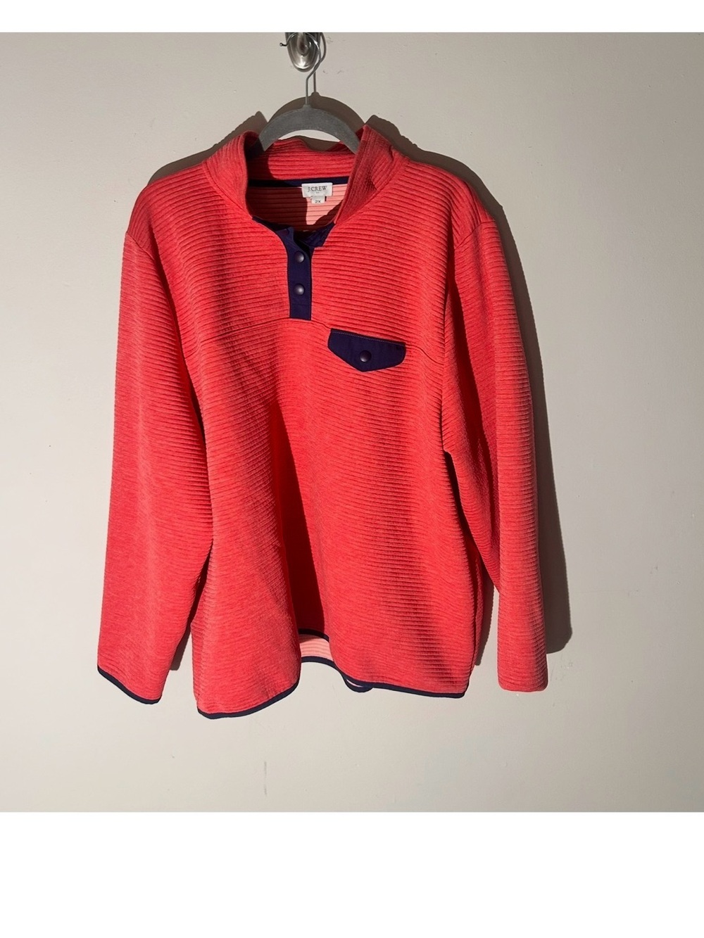 J Crew Coral Pullover Top with Navy Trim